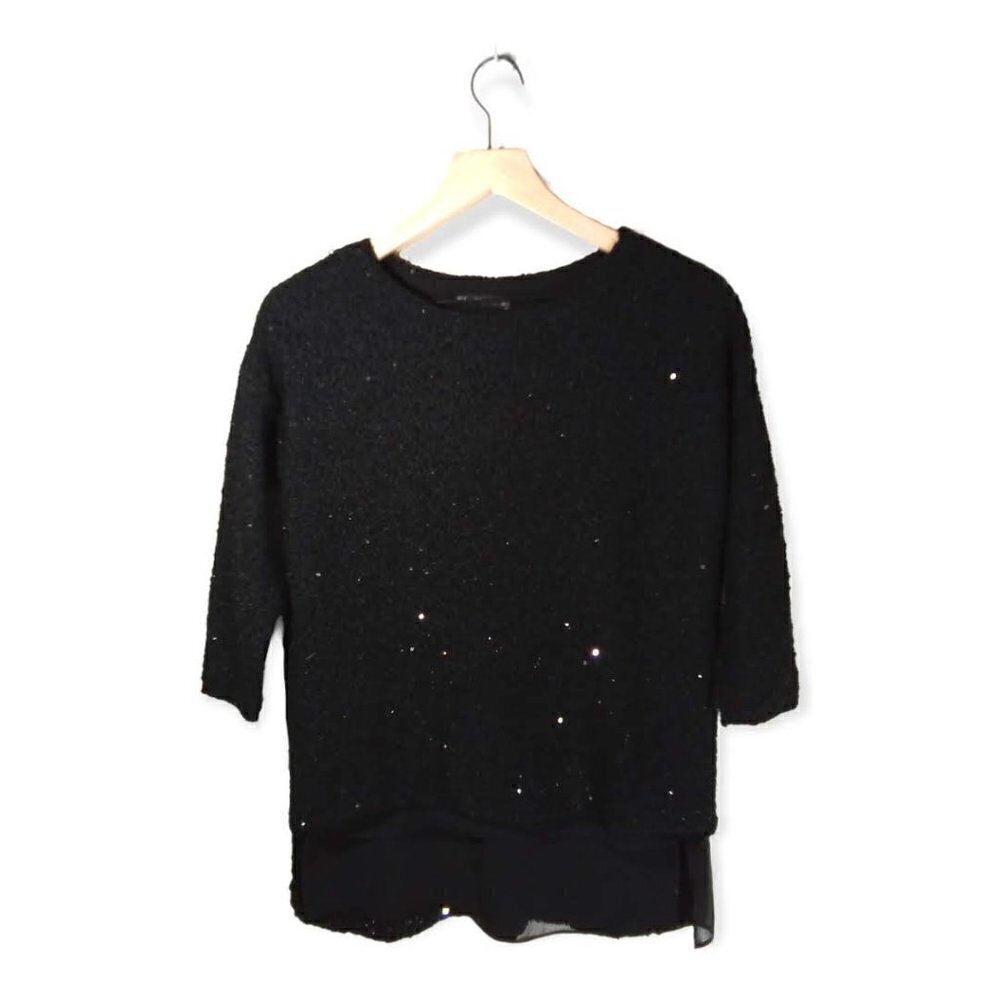 𝅺zara Knit Sequin with Chifon High Low Hem Black Sweater Size S
